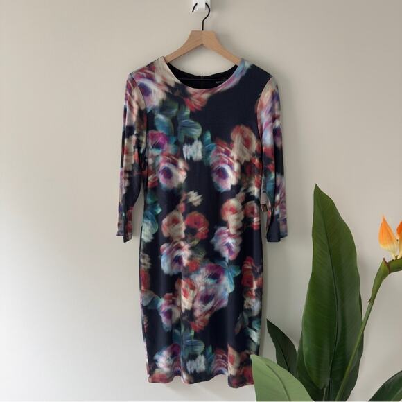 Karen Kane Avant Garden Abstract Dress Floral Sheath Dress 3/4 Sleeve Crew Neck - Picture 1 of 12